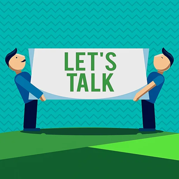 Tekstbord met Let S Talk. Conceptuele foto ze suggereren begin gesprek over specifiek onderwerp Twee mannen staande dragen rechthoekige lege paneel boord op beide zijden. — Stockfoto