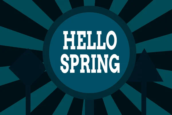 Text sign showing Hello Spring. Conceptual photo Welcoming the season after the winter Blossoming of flowers Three Blank Safety Road signs One lighted and two dark Street Signage. — Stock Photo, Image