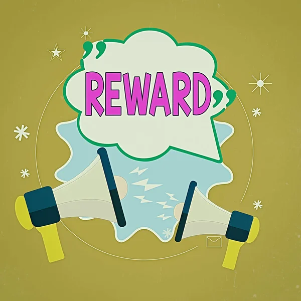Text sign showing Reward. Conceptual photo Given in recognition of service effort achievement Prize Gift Blank Speech Bubble with Quotation Mark Two Megaphones shouting and Arguing.