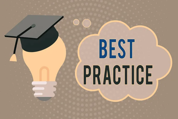 Handwriting text writing Best Practice. Concept meaning commercial procedures accepted prescribed being correct 3D Graduation Cap Thinking Resting on Bulb with Blank Cloud Thought Bubble.