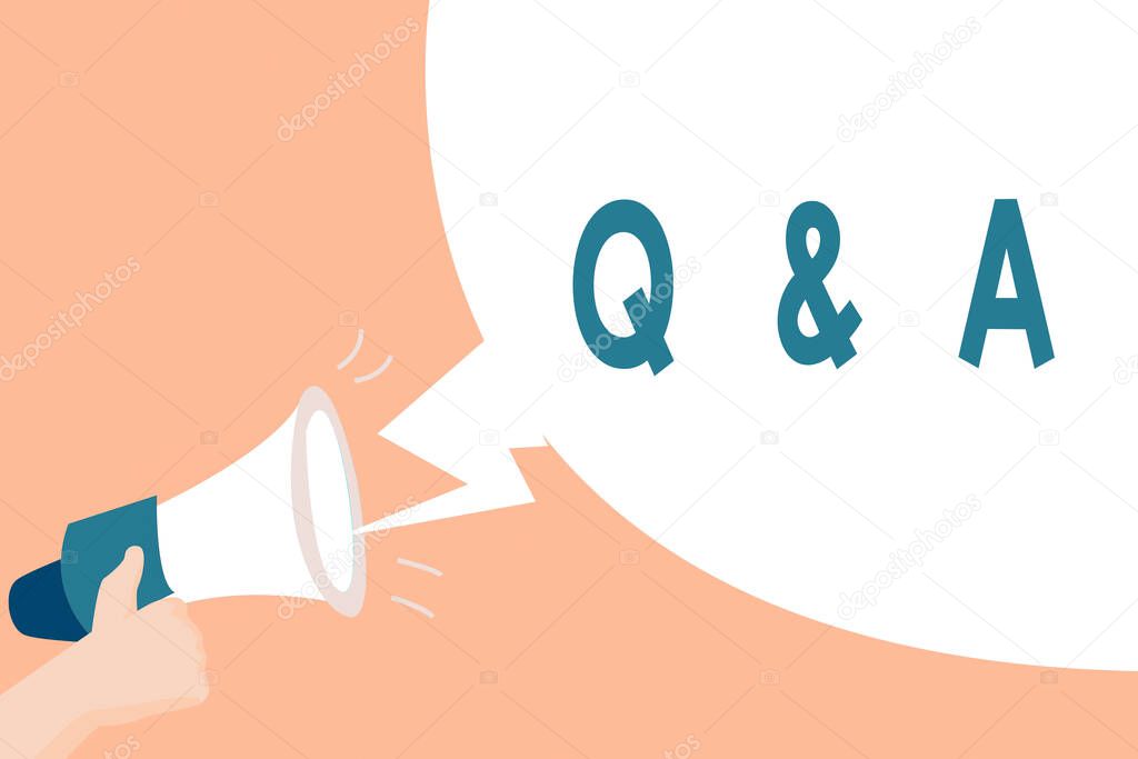 Handwriting text Q And A. Concept meaning defined as questions being asked and answers Hu analysis Hand Holding Megaphone with Sound Effect and Blank Broadcast Bubble.
