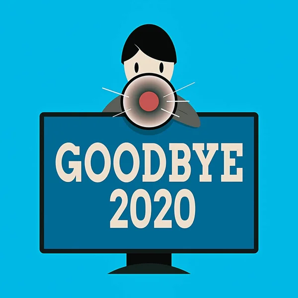 Word writing text Good Bye 2020. Business concept for express good wishes when parting or at the end of last year Man Standing Behind mounted PC Monitor Screen Talking and Holding Megaphone.