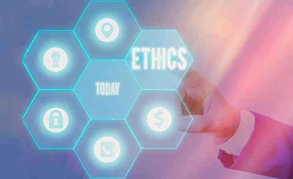 Text sign showing Ethics. Conceptual photo the moral philosophy or code of morals practiced by an individual. — Stock Photo, Image