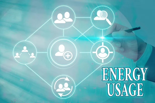 Znak tekstowy pokazujący zużycie energii. Zdjęcie koncepcyjne Ilość energii zużytej lub zużytej w procesie lub systemie. — Zdjęcie stockowe