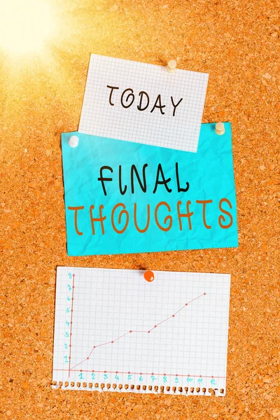 Текст написания слов Final Thoughts. Business concept for should be last few sentences within your conclusions Corkboard color paper pin thumbtack tack sheet billboard notice board . — стоковое фото