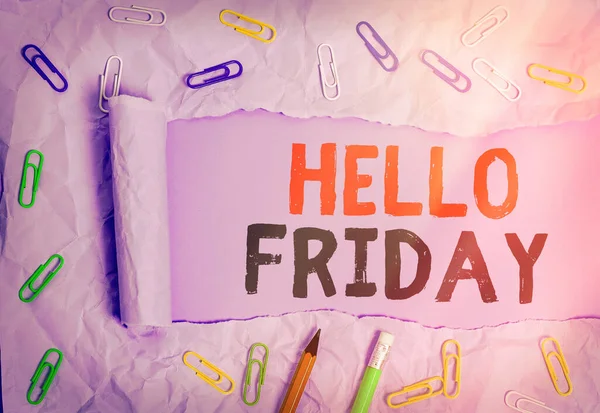 Text sign showing Hello Friday. Conceptual photo used to express happiness from beginning of fresh week.