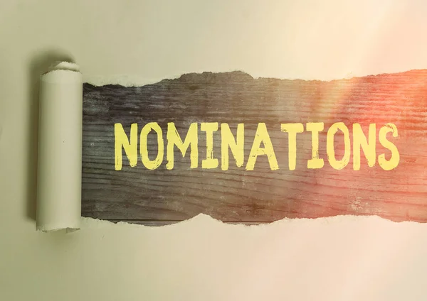 Texto de escritura de palabras Nominaciones. Concepto de negocio para la acción de nominación o de nominación estatal para el premio . — Foto de Stock