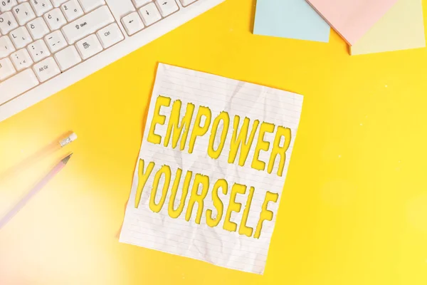 Word writing text Empower Yourself. Business concept for taking control of our life setting goals and making choices Copy space on notebook above yellow background with pc keyboard on the table. — Stock Photo, Image