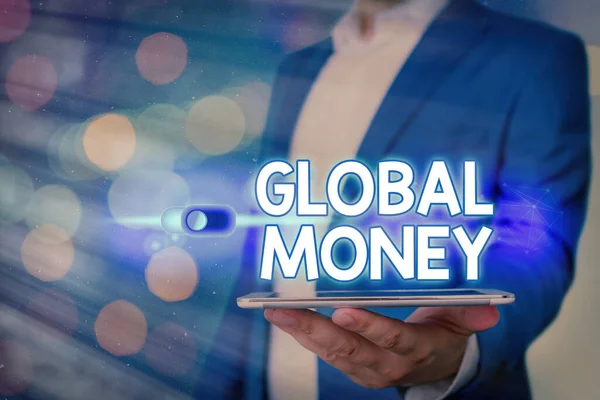 Global Money el yazısı. Uluslararası finans anlamına gelen kavram Dünya para birimi küresel olarak aktarıldı. — Stok fotoğraf