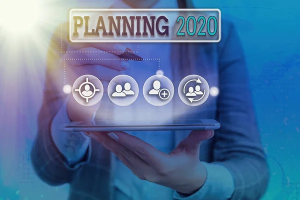 Fogalmi kézi írás bemutatás tervezés 2020. Üzleti fotóbemutató folyamata terveket valamit jövőre. — Stock Fotó