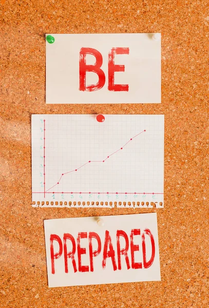 Text sign showing Be Prepared. Conceptual photo try be always ready to do or deal with something Corkboard color size paper pin thumbtack tack sheet billboard notice board. — Stock Photo, Image