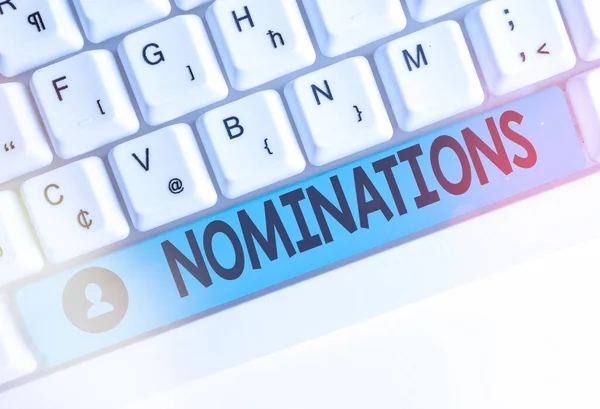 Tekst teken dat nominaties weergeeft. Conceptuele foto-actie van Nominating Committee of staat genomineerd voor prijs. — Stockfoto