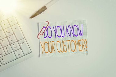Kelime yazma metni Müşteri Sorunuzu Tanıyor musunuz? Hizmet için iş konsepti ilgili bilgili müşterileri tanımlamak için beyaz arkaplan üzerinde boş not kağıdı olan beyaz pc klavye.