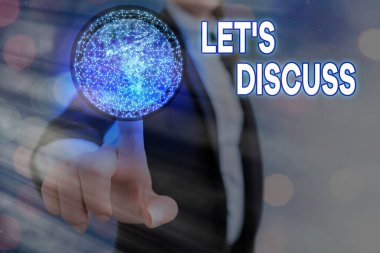Let S Discuss 'u gösteren kavramsal el yazısı. Birisine kişisel bir şey hakkında konuşmasını ya da NASA tarafından desteklenen bu görüntünün elemanlarını göstermesini isteyen iş fotoğrafı metni.