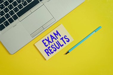 El yazısı Sınav Sonuçları. Kavram demek bilgi veya beceriyi gösteren resmi bir testin sonucu. Trendy gümüşü açık dizüstü bilgisayar kare yapışkan not defteri işaretleyici renkli arkaplan.