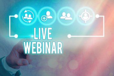Live Webinar'ı gösteren not yazma. Web üzerinden aktarılan iş fotoğrafı vitrinsunum konuşması veya seminer.