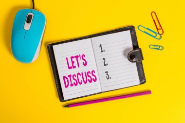 Writing note showing Let S Discuss. Business photo showcasing asking someone to talk about something with an individual or showing Leather locked diary striped sheets marker mouse colored background. clipart