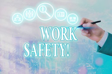 İş Güvenliğini gösteren kavramsal el yazısı. Çalışanların sağlığını sağlamak için iş fotoğrafı metin politikaları ve prosedürleri.