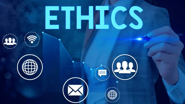 Word writing text Ethics. Business concept for the moral philosophy or code of morals practiced by an individual. — Stock Photo, Image