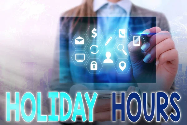 Handwriting text writing Holiday Hours. Concept meaning Overtime work on for employees under flexible work schedules. — Stock Photo, Image
