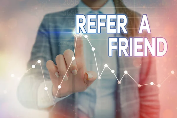 Conceptual hand writing showing Refer A Friend. Business photo showcasing direct someone to another or send him something like gift. — Stock Photo, Image