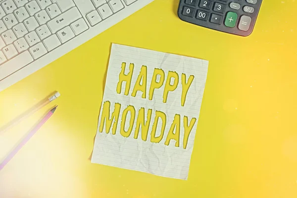 Writing note showing Happy Monday. Business photo showcasing telling that an individual order to wish him great new week Copy space on notebook above yellow background with keyboard on table.
