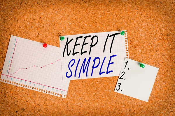 Writing note showing Keep It Simple. Business photo showcasing ask something easy understand not go into too much detail Corkboard size paper thumbtack sheet billboard notice board. — Stock Photo, Image