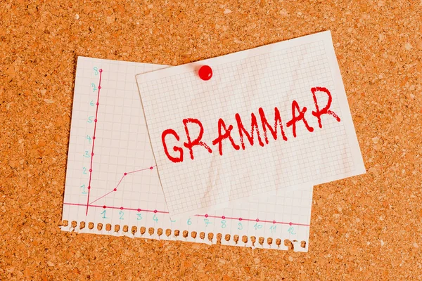 Handwriting text writing Grammar. Concept meaning whole system structure language syntax and morphology Corkboard color size paper pin thumbtack tack sheet billboard notice board. — Stock Photo, Image
