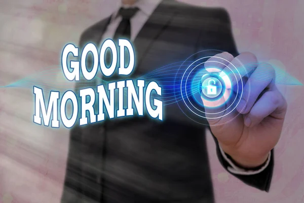 Handstil text God morgon. Begreppet mening Ett konventionellt uttryck vid möte eller avresa på morgonen. — Stockfoto