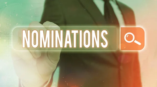 Tekst pisma nominacje. Koncepcja oznacza akcję nominacji lub nominację do nagrody. — Zdjęcie stockowe