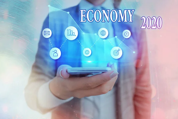 Text sign showing Economy 2020. Conceptual photo State of wealth and resources of a country in upcoming year. — Stock Photo, Image