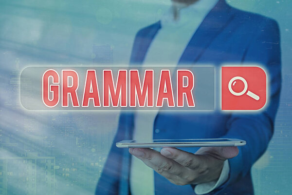 Handwriting text Grammar. Concept meaning whole system structure language syntax and morphology.