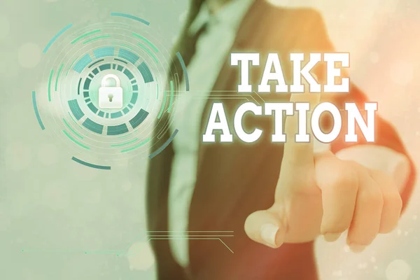 Sinal de texto mostrando Take Action. Foto conceitual fazer algo oficial ou concertado para alcançar objetivo com problema . — Fotografia de Stock