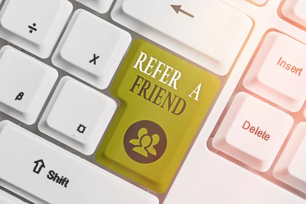 Conceptual hand writing showing Refer A Friend. Business photo text direct someone to another or send him something like gift. — Stock Photo, Image