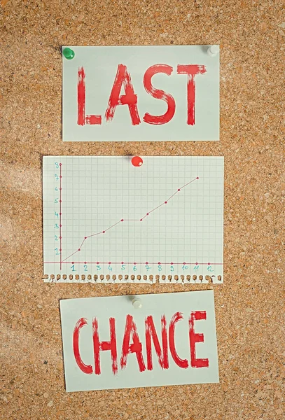 Znak tekstowy "Ostatnia szansa". Conceptual zdjęcie ostateczna okazja, aby osiągnąć lub nabyć coś chcesz Corkboard kolor rozmiar papier pinezka pinezka arkusz tack billboard ogłoszenie pokładzie. — Zdjęcie stockowe