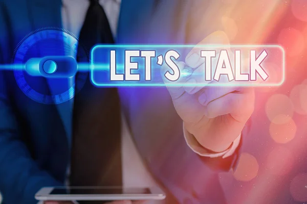 Írócetli a Let S Talk-ról. Üzleti fotó bemutatása azt javasolják, hogy kezdjen el beszélgetni az adott témában. — Stock Fotó