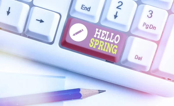 Merhaba Spring 'i yazan el yazısı. Kavram, kışın açtığı çiçeklerden sonraki mevsimi karşılamak anlamına gelir.. — Stok fotoğraf