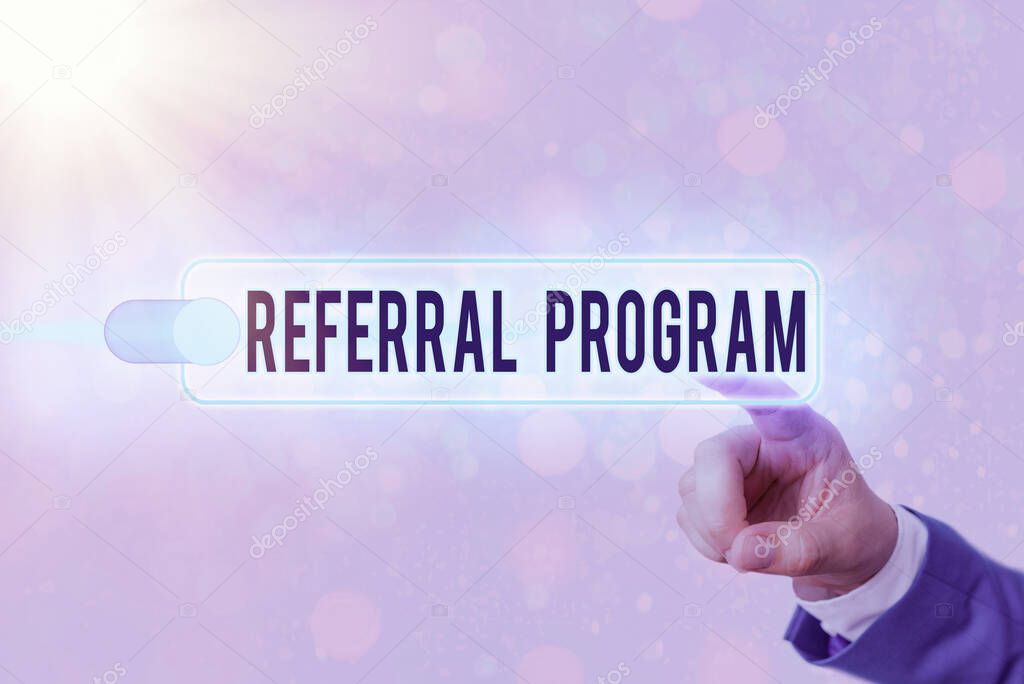 Conceptual hand writing showing Referral Program. Business photo text internal recruitment method employed by organizations.