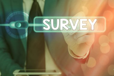 Anket'i gösteren not yazma. Önceden tanımlanmış bir gruptan veri toplamak için kullanılan araştırma yöntemini sergileyen iş fotoğrafı.