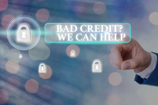Słowo pisanie tekstu złe pytanie kredytowe możemy pomóc. Koncepcja biznesowa dla oferując pomoc po przejściu na kredyt następnie odrzucone. — Zdjęcie stockowe