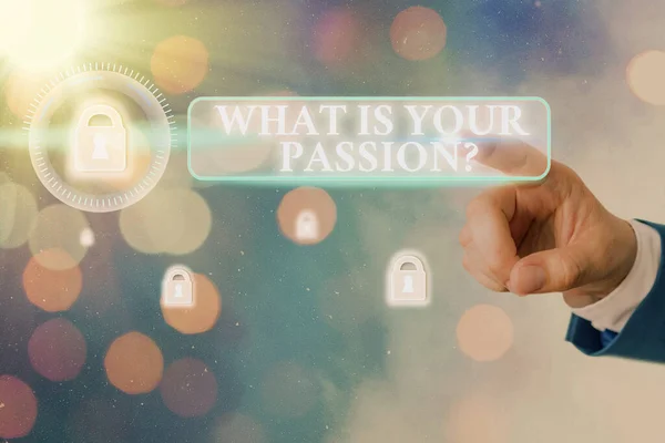 Texto de escritura de palabras ¿Cuál es tu pregunta de pasión? Concepto de negocio para preguntar sobre su fuerte y apenas controlable emoción . — Foto de Stock