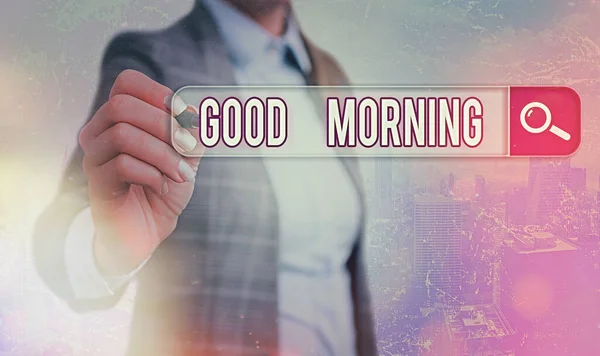 Konceptuell handstil som visar God Morgon. Affärsfoto showcasing Ett konventionellt uttryck vid möte eller avresa på morgonen. — Stockfoto