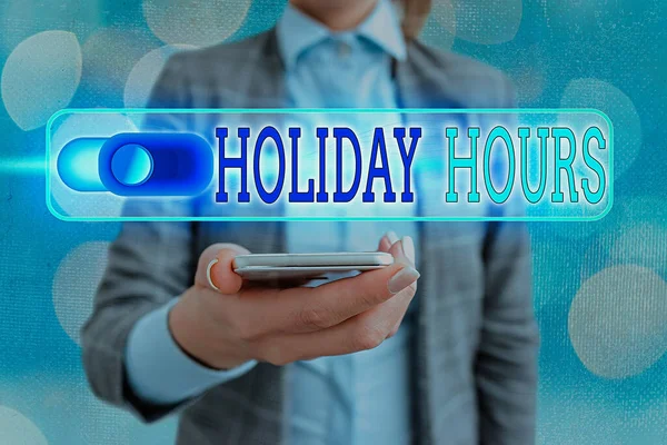 Text sign showing Holiday Hours. Conceptual photo Overtime work on for employees under flexible work schedules. — Stock Photo, Image