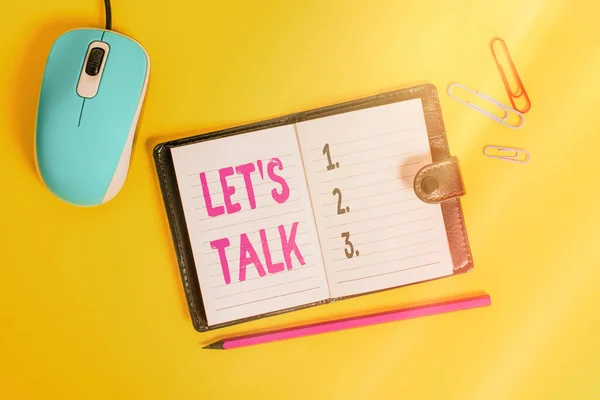 Writing note showing Let S Talk. Business photo showcasing they are suggesting beginning conversation on specific topic Leather locked diary striped sheets marker mouse colored background. — Stock Photo, Image