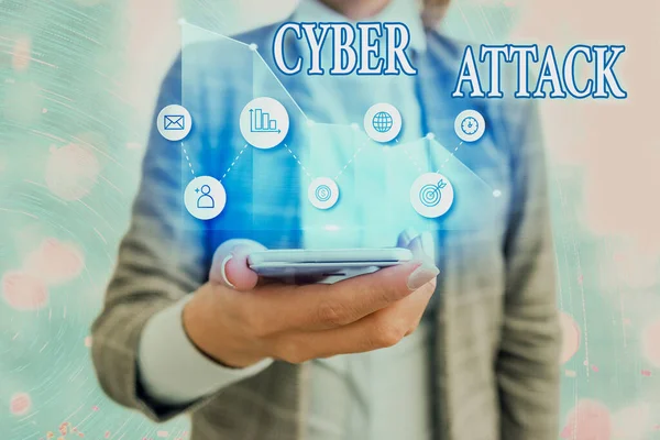 Textskylt med Cyber Attack. Konceptuell bild Ett försök av hackare att skada ett datorsystem. — Stockfoto