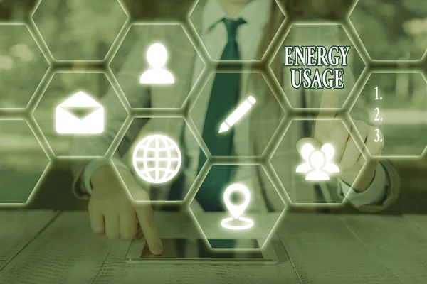 Writing note showing Energy Usage. Business photo showcasing Amount of energy consumed or used in a process or system.