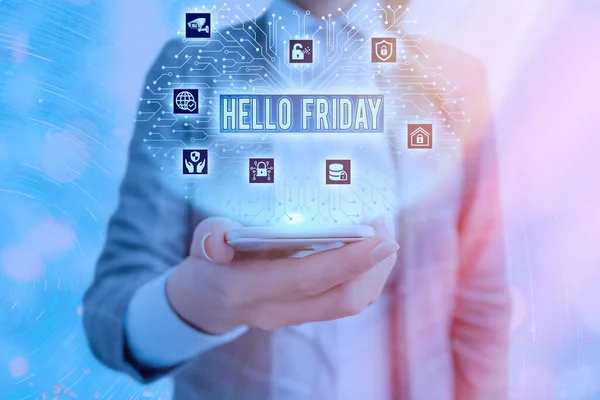 Koncepcyjny pisania ręcznego pokazano Hello Friday. Business Photo gablota używany do wyrażania szczęścia od początku świeżego tygodnia. — Zdjęcie stockowe