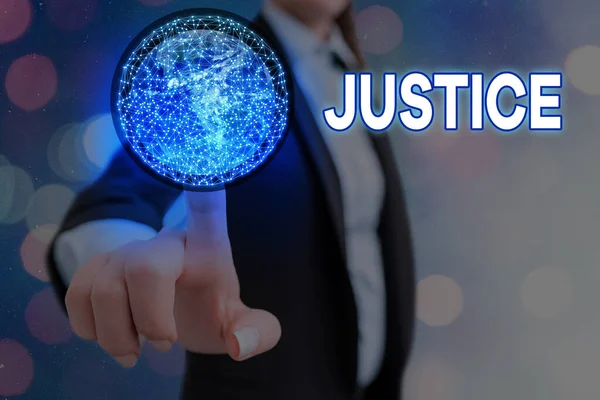 Conceptual hand writing showing Justice. Business photo text impartial adjustment of conflicting claims or assignments Elements of this image furnished by NASA. — Stock Photo, Image