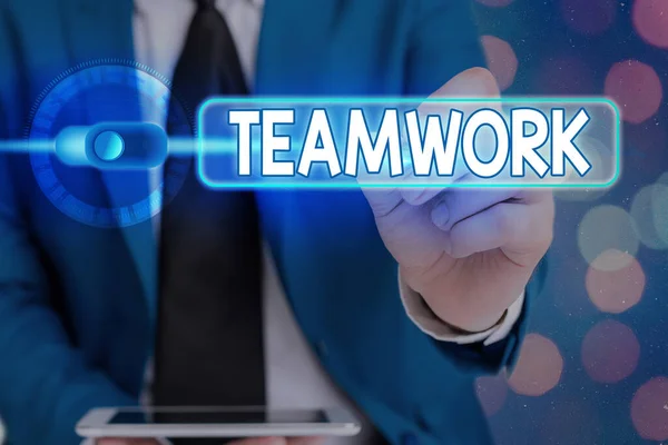 Writing note showing Teamwork. Business photo showcasing combined action of group especially when effective and efficient. — Stock Photo, Image