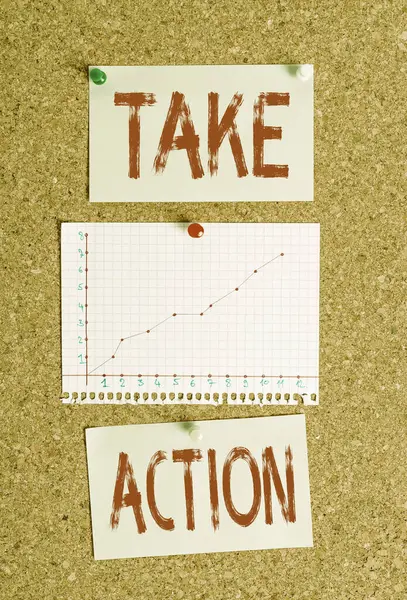 Text sign showing Take Action. Conceptual photo do something official or concerted to achieve aim with problem Corkboard color size paper pin thumbtack tack sheet billboard notice board. — Stock Photo, Image